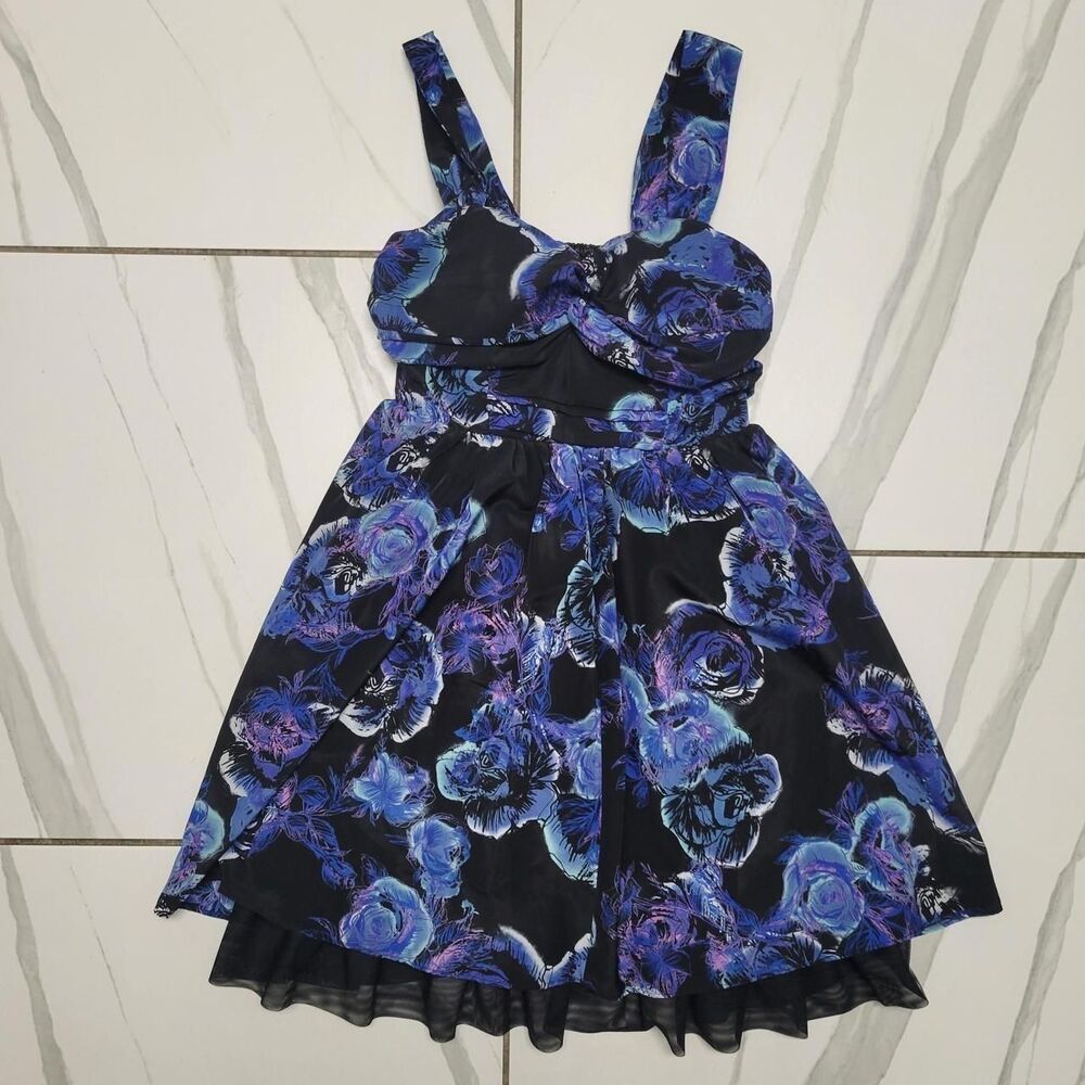 Blue Rose Floral Homecoming Dress Black Cutout Fit & Flare Party Dress y2k